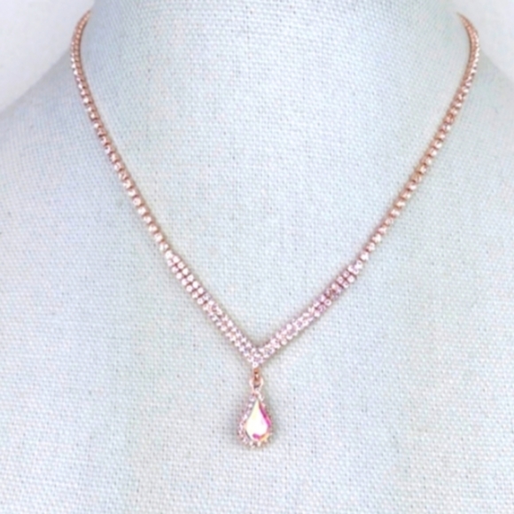 Rose Gold-Tone Priness Style Rhinestone Studded Chain Necklace - Picture 5 of 9
